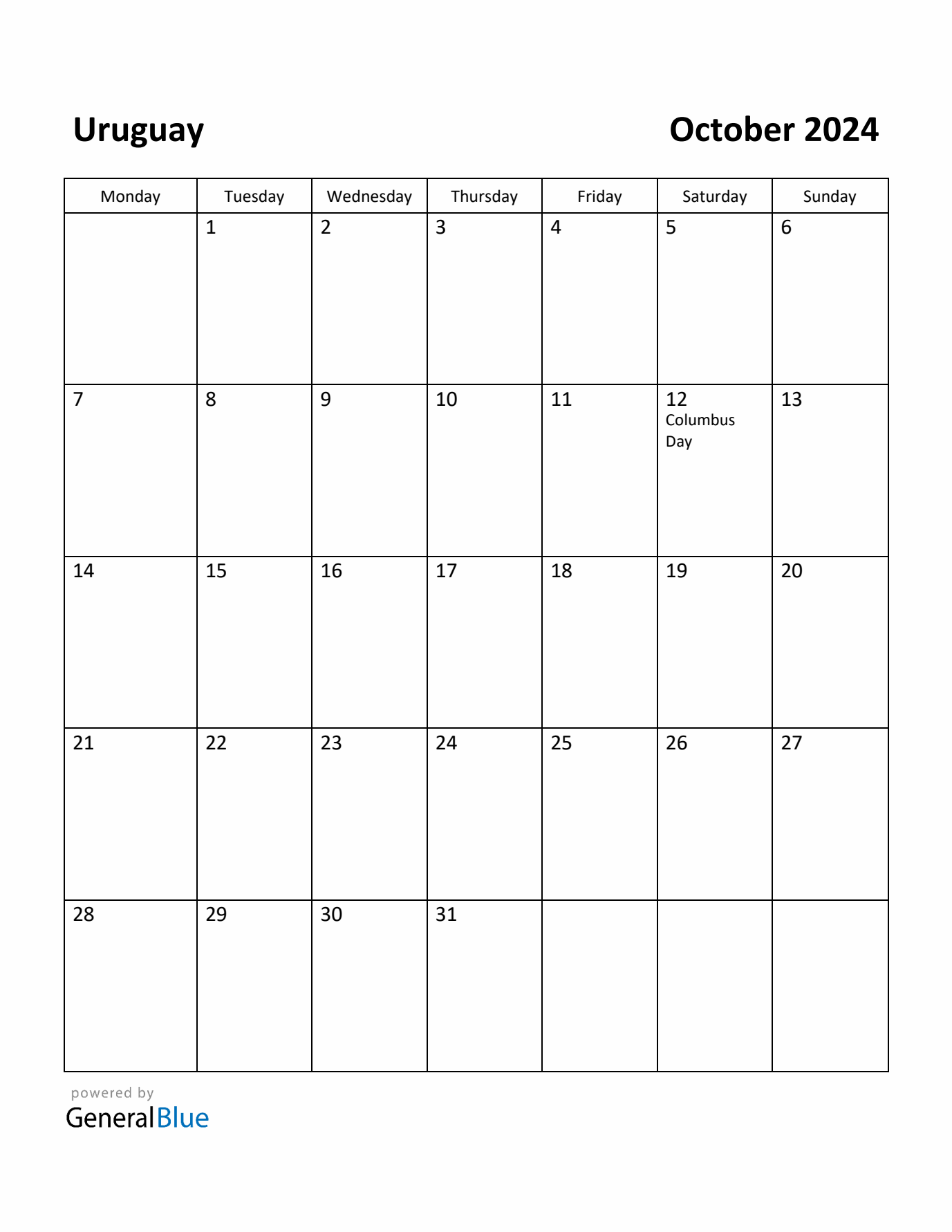October 2024 Calendar with Uruguay Holidays