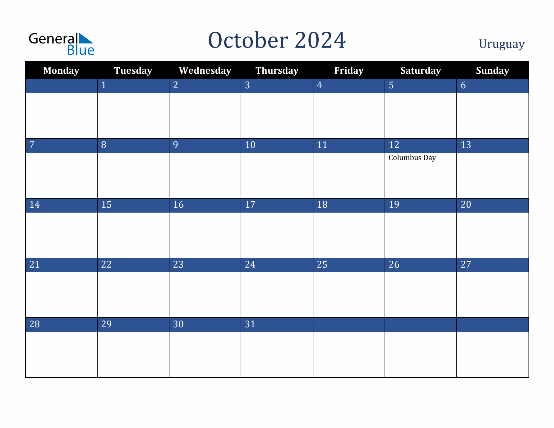 October 2024 Uruguay Calendar (Monday Start)