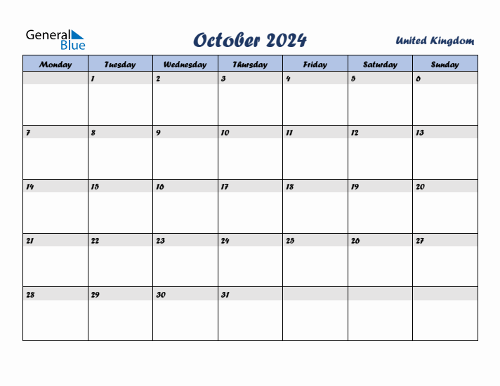 October 2024 Calendar with Holidays in United Kingdom