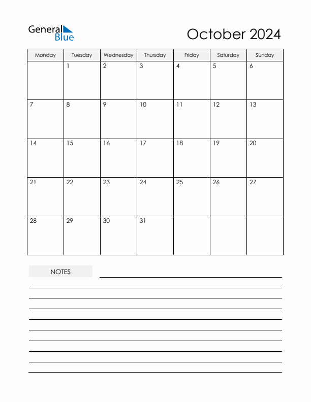 Printable Calendar with Notes - October 2024
