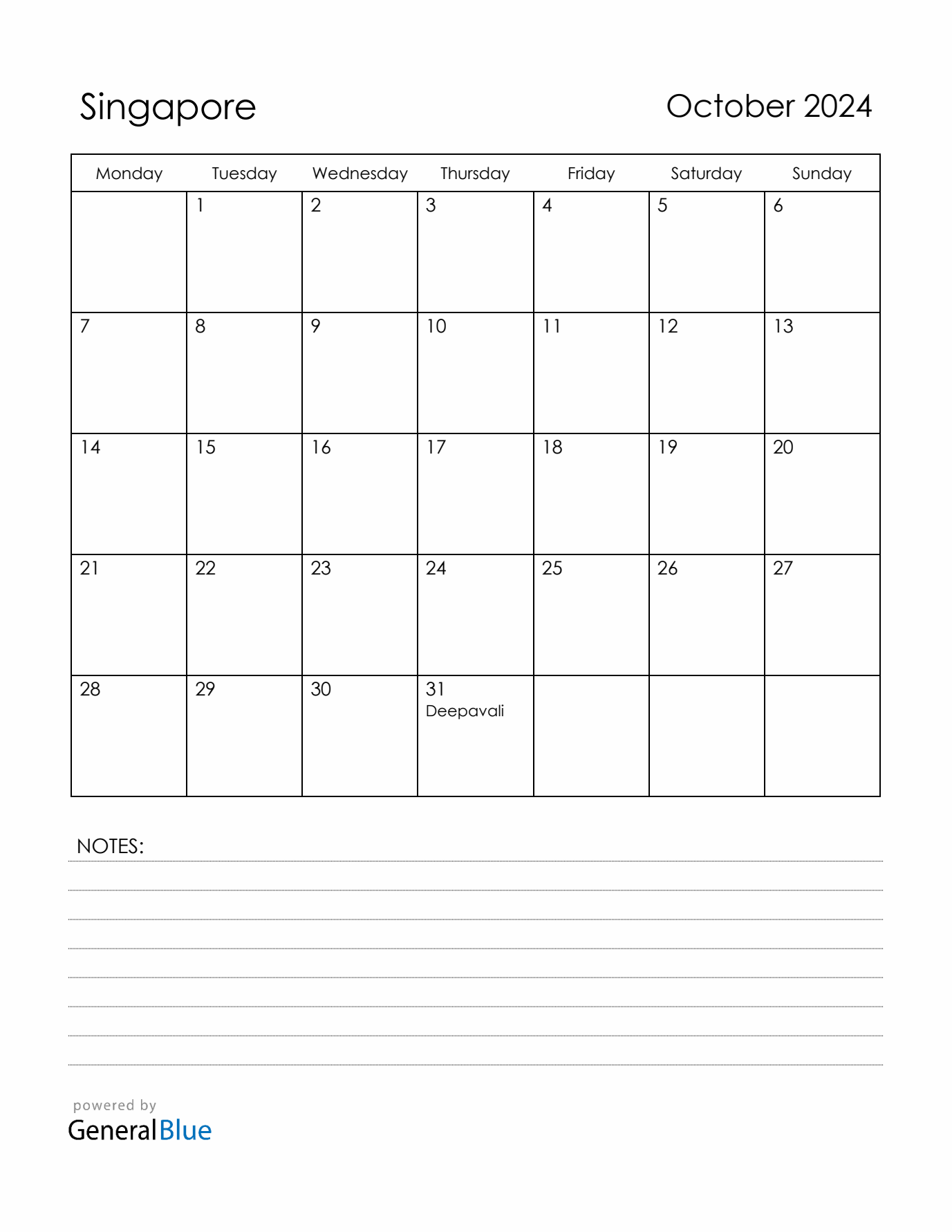 October 2024 Singapore Calendar with Holidays (Monday Start)