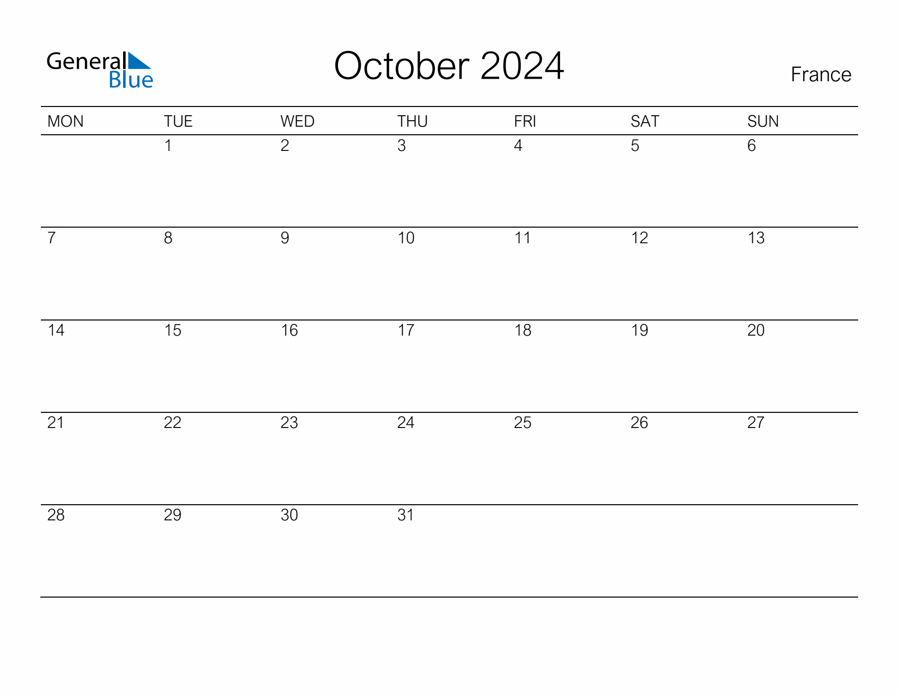 Printable October 2024 Calendar for France