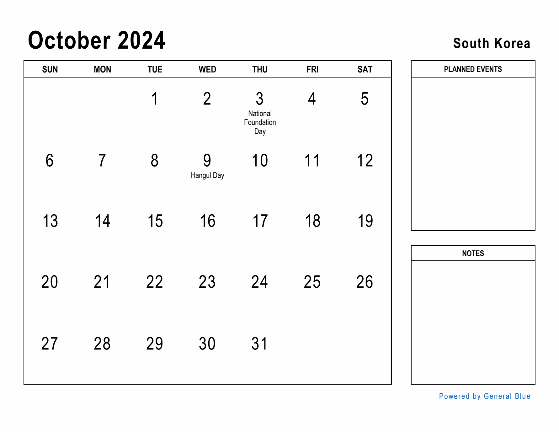 October 2024 Printable Monthly Calendar with South Korea Holidays