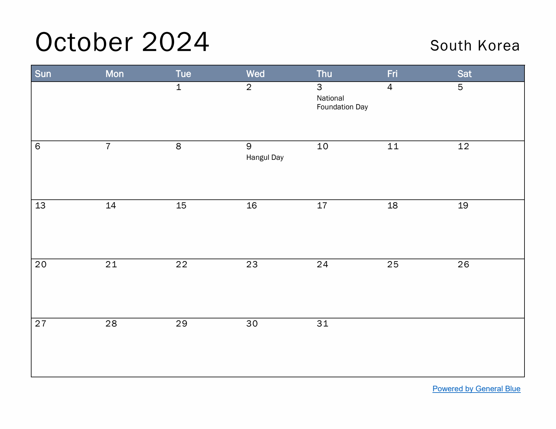 October 2024 Simple Monthly Calendar for South Korea