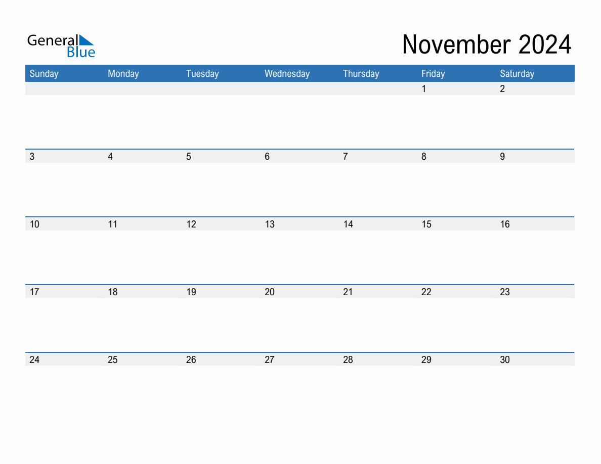 November 2024 monthly calendar (pdf, word, excel)