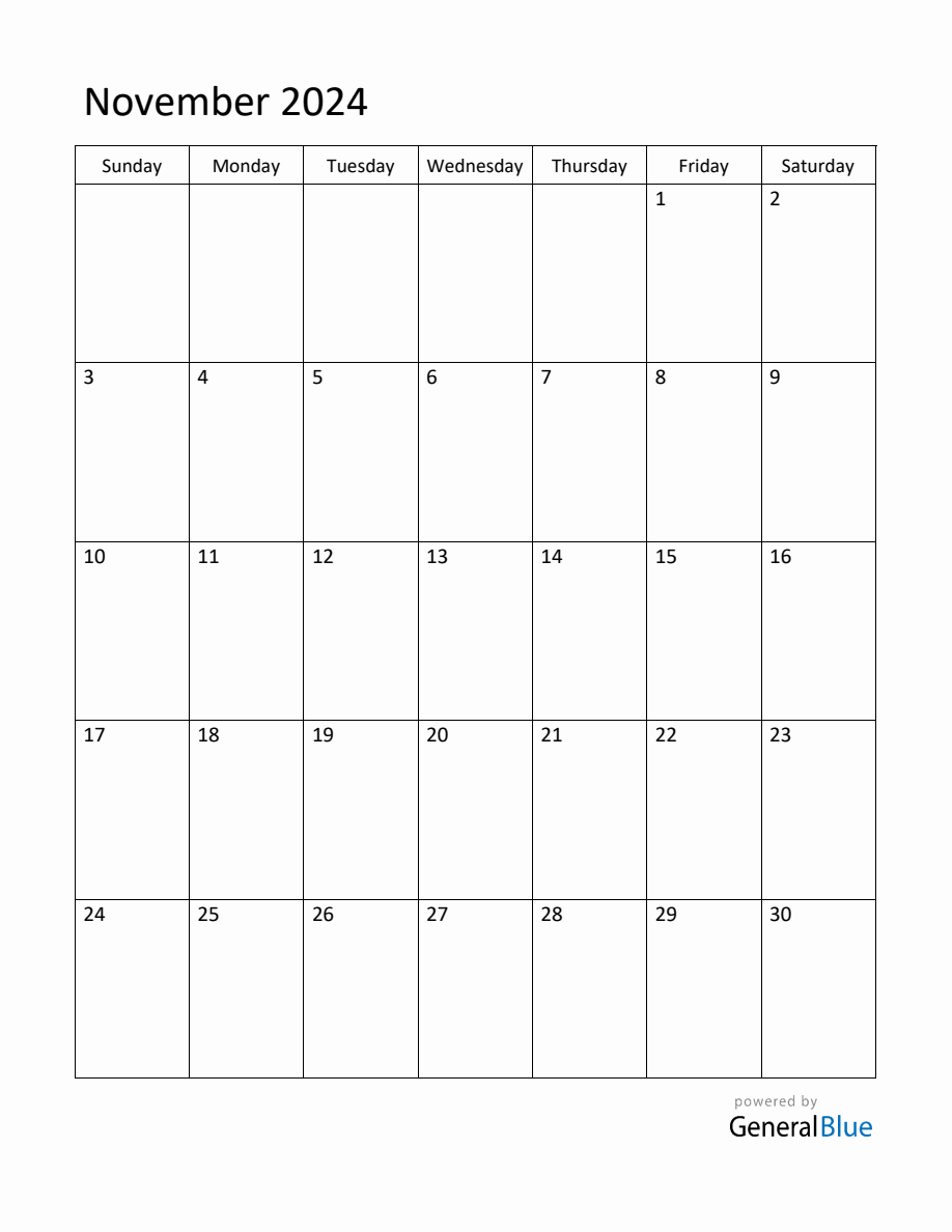 Editable November 2024 Monthly Calendar