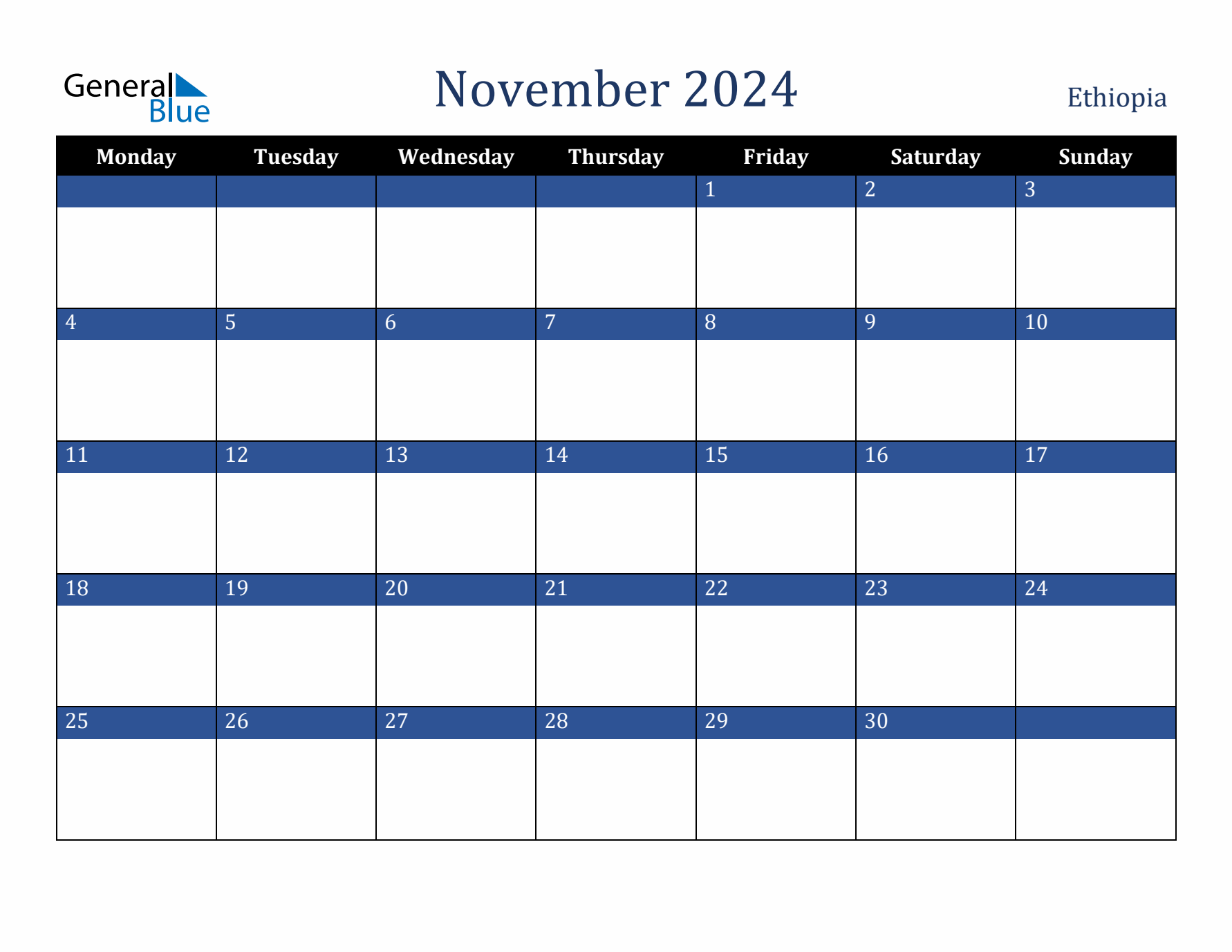November 2024 Ethiopia Calendar (Monday Start)