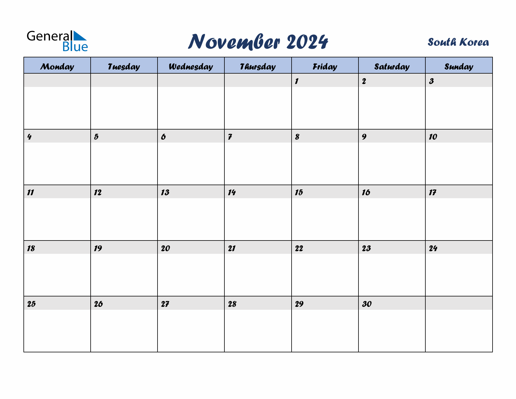November 2024 Calendar with Holidays in South Korea