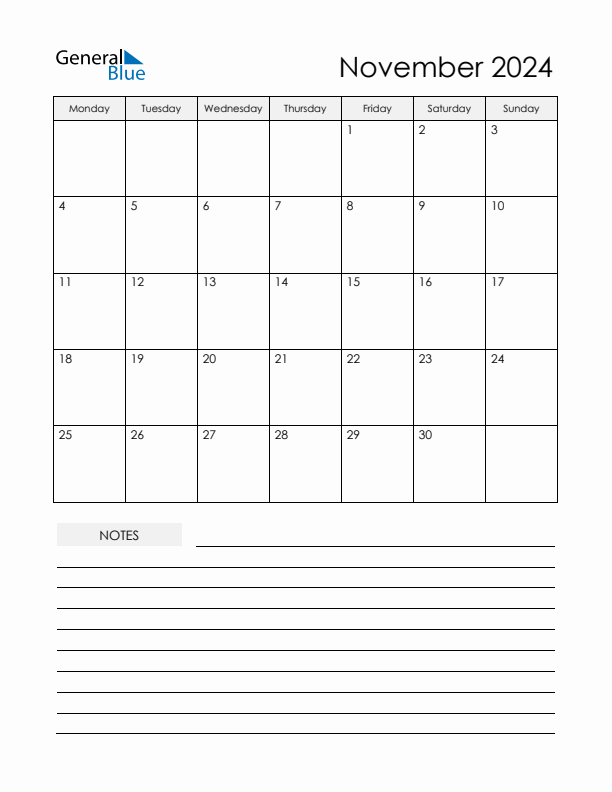 Printable Calendar with Notes - November 2024