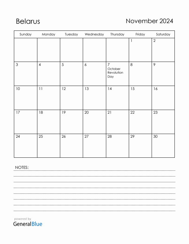 November 2024 Belarus Calendar with Holidays (Sunday Start)