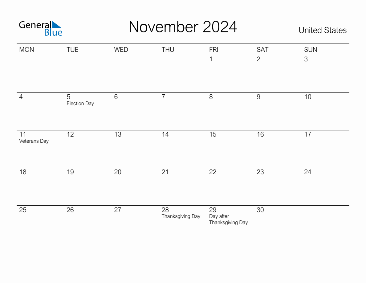 Printable November 2024 Monthly Calendar with Holidays for United ...