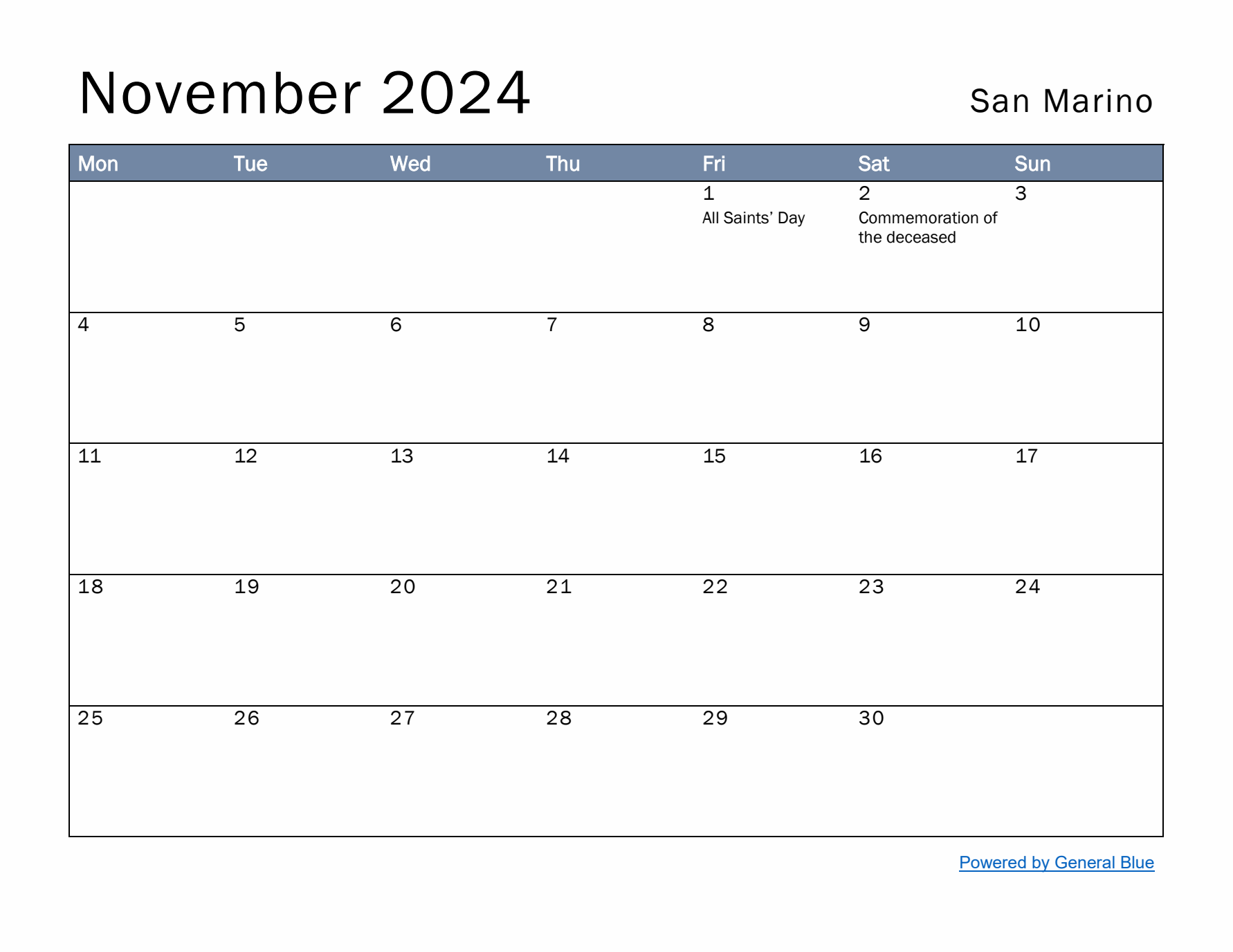 November 2024 Simple Monthly Calendar for San Marino