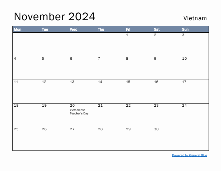 November 2024 Simple Monthly Calendar for Vietnam