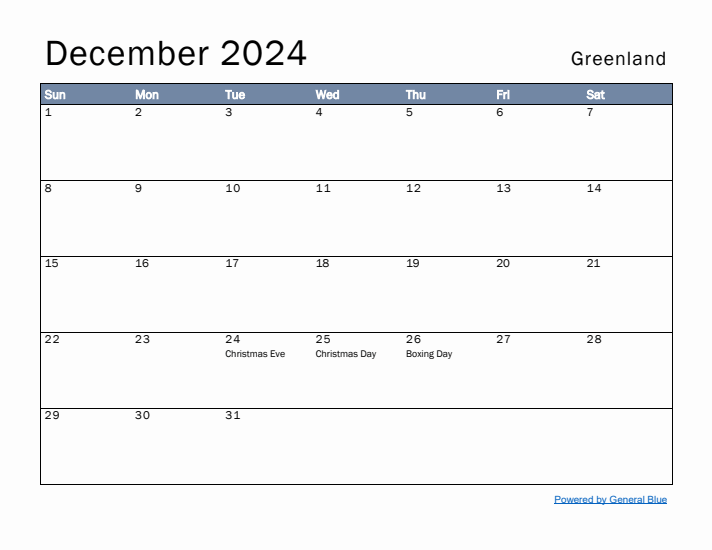 December 2024 Simple Monthly Calendar for Greenland