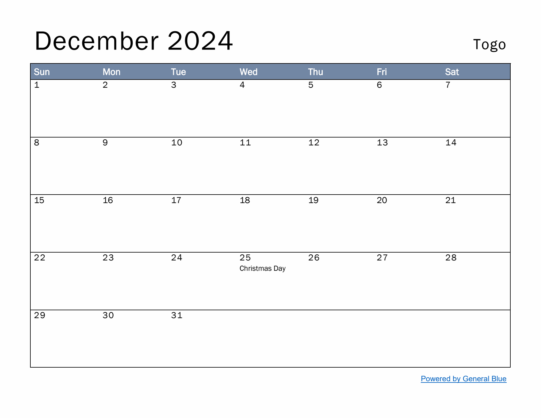December 2024 Simple Monthly Calendar for Togo