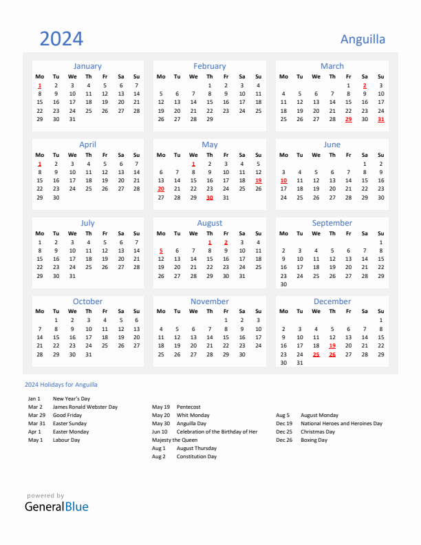 Basic Yearly Calendar with Holidays in Anguilla for 2024