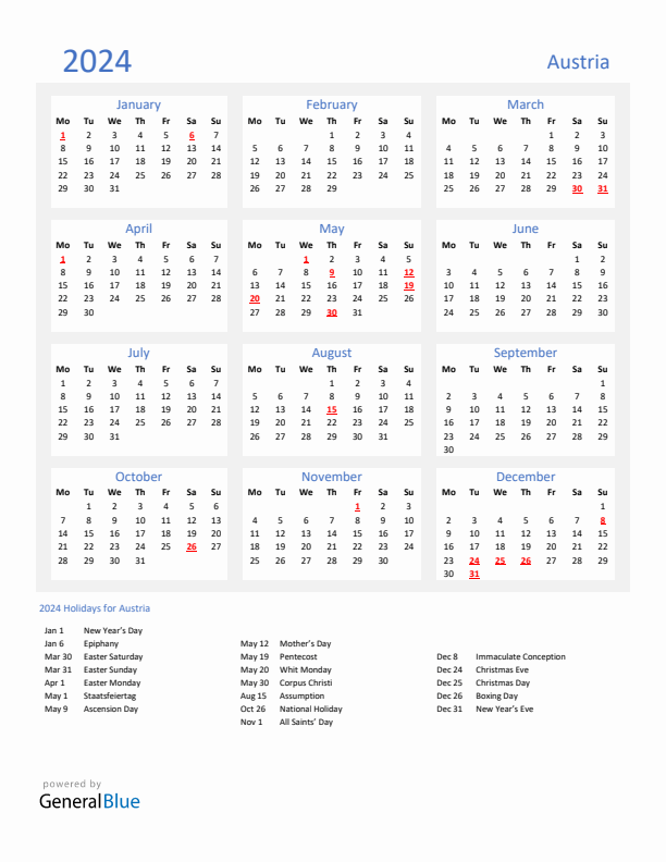 Basic Yearly Calendar with Holidays in Austria for 2024