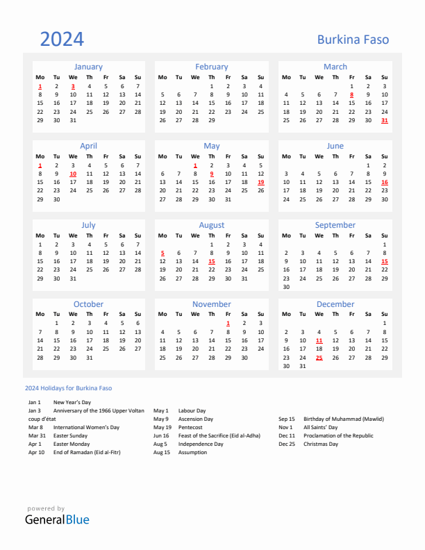 Basic Yearly Calendar with Holidays in Burkina Faso for 2024