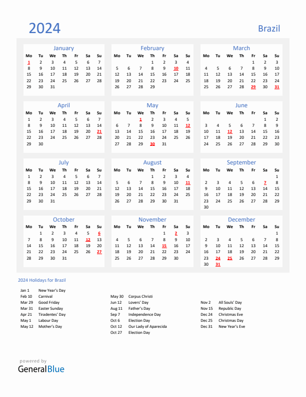 Basic Yearly Calendar with Holidays in Brazil for 2024