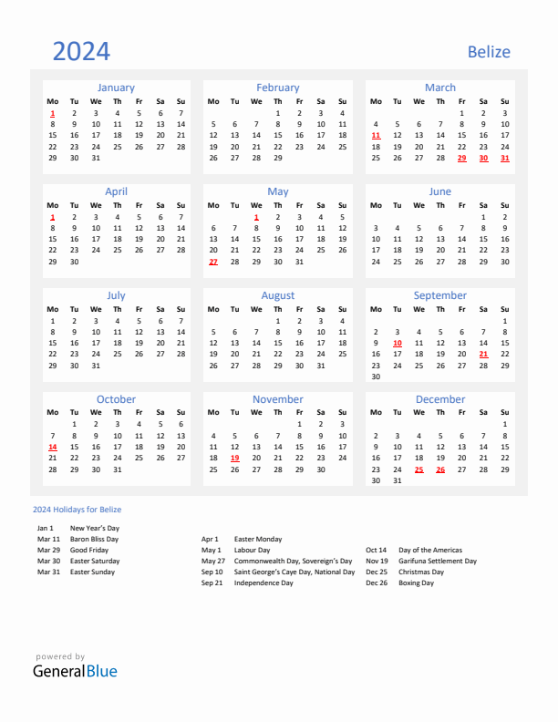 Basic Yearly Calendar with Holidays in Belize for 2024