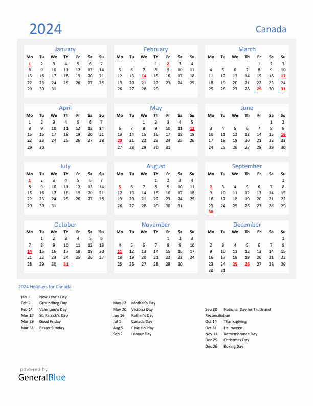 Basic Yearly Calendar with Holidays in Canada for 2024