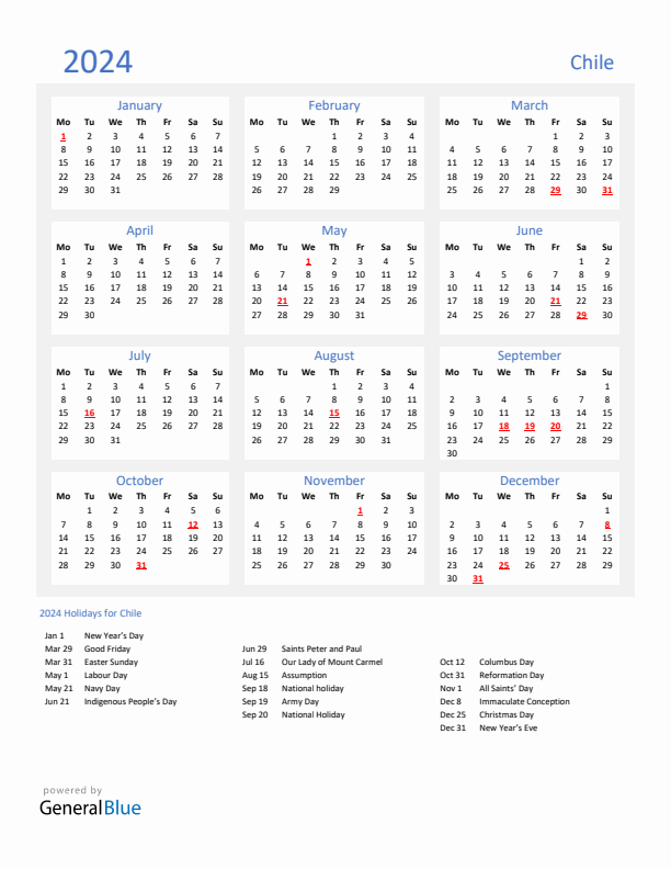 Basic Yearly Calendar with Holidays in Chile for 2024