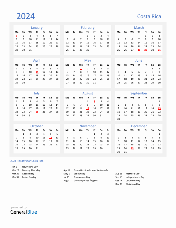 Basic Yearly Calendar with Holidays in Costa Rica for 2024
