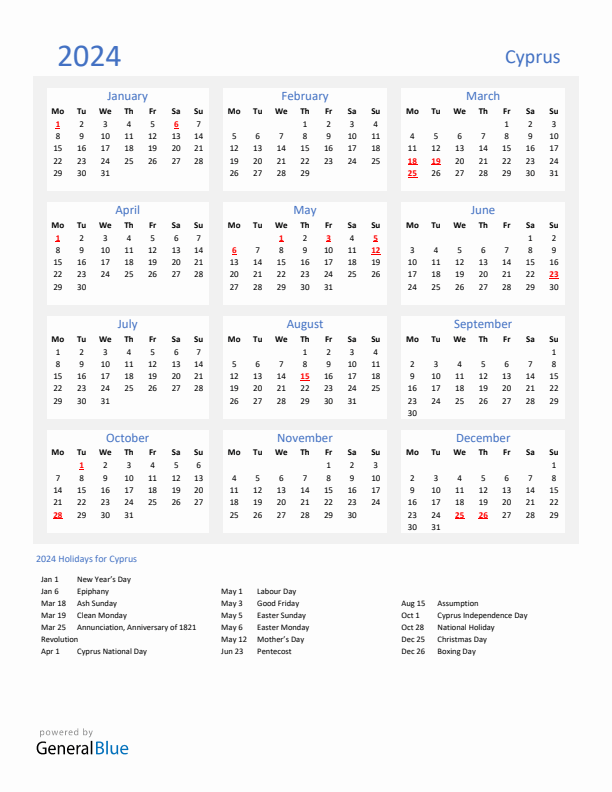 Basic Yearly Calendar with Holidays in Cyprus for 2024