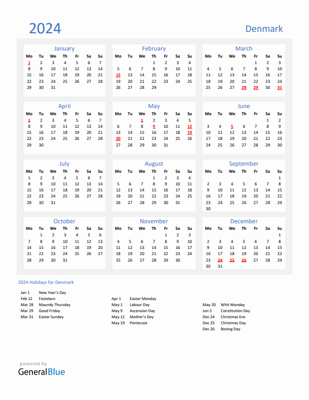 Basic Yearly Calendar with Holidays in Denmark for 2024