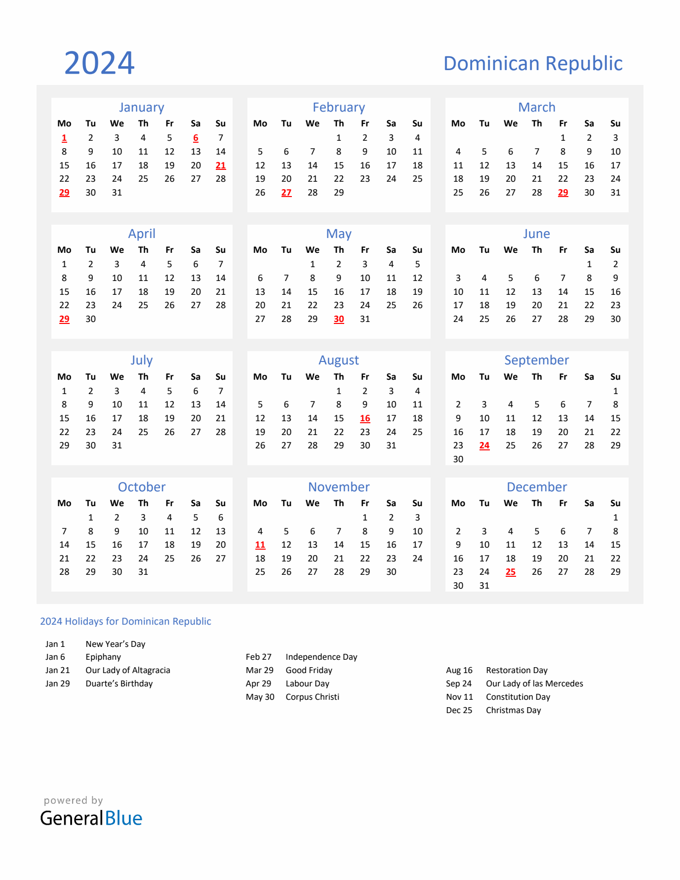 Basic Yearly Calendar with Holidays in Dominican Republic for 2024