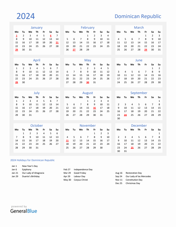 Basic Yearly Calendar with Holidays in Dominican Republic for 2024
