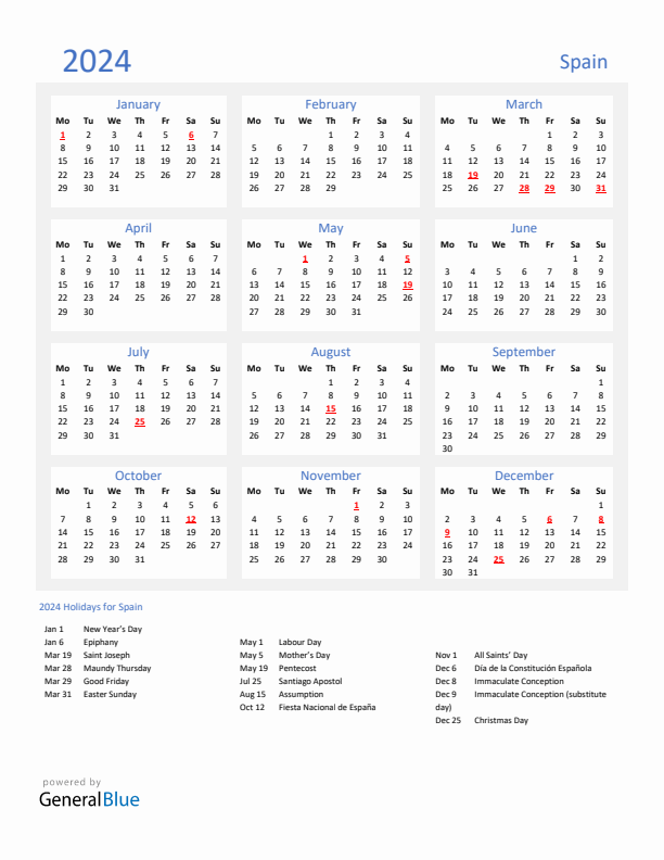 Basic Yearly Calendar with Holidays in Spain for 2024