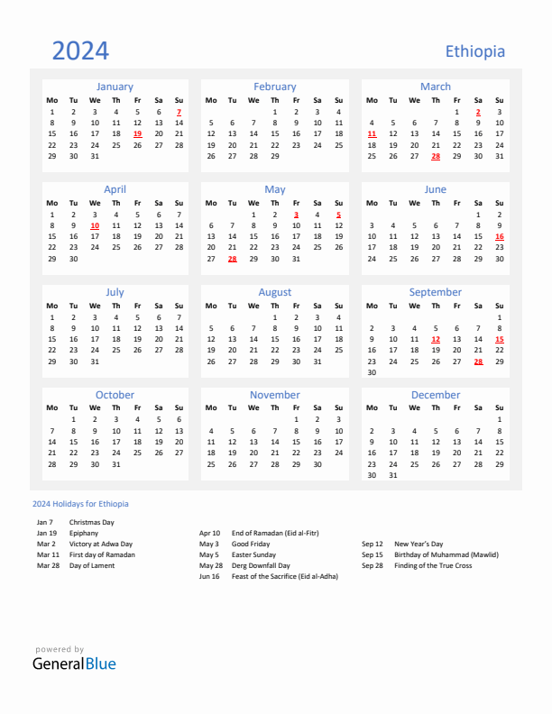 Basic Yearly Calendar with Holidays in Ethiopia for 2024