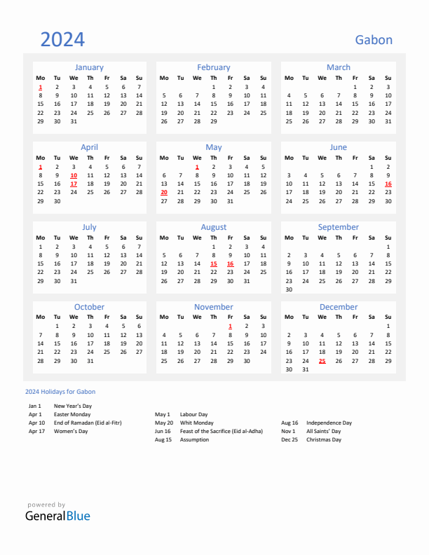 Basic Yearly Calendar with Holidays in Gabon for 2024