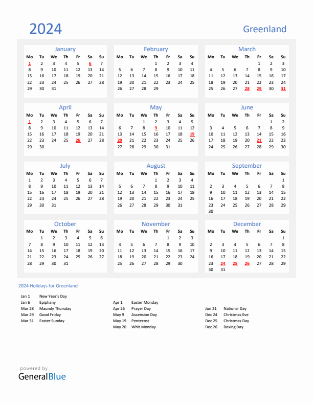 Basic Yearly Calendar with Holidays in Greenland for 2024
