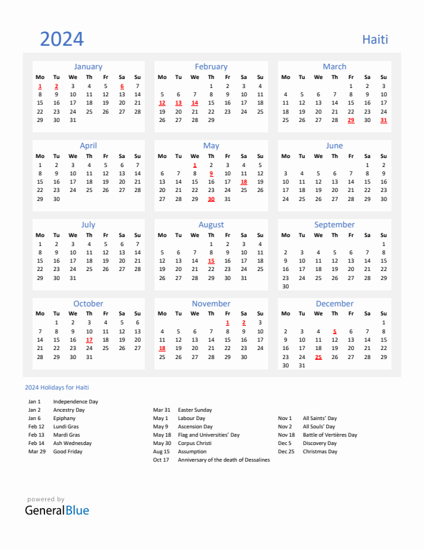 Basic Yearly Calendar with Holidays in Haiti for 2024