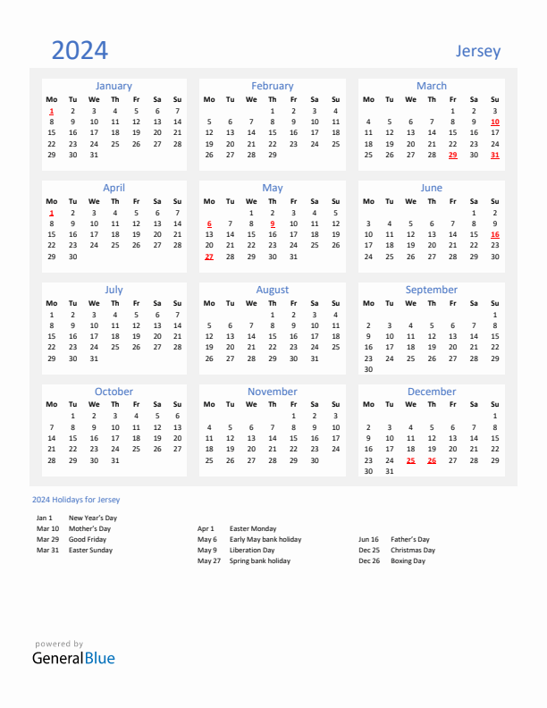 Basic Yearly Calendar with Holidays in Jersey for 2024