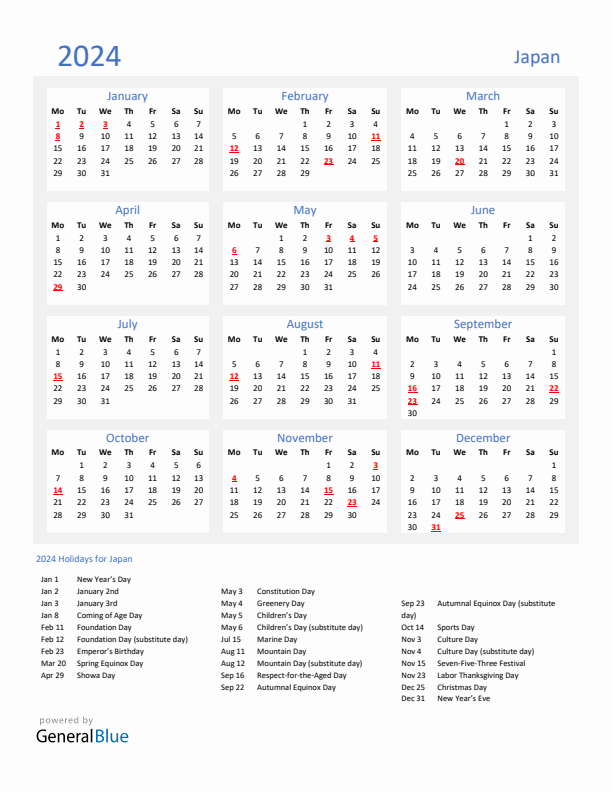 Basic Yearly Calendar with Holidays in Japan for 2024