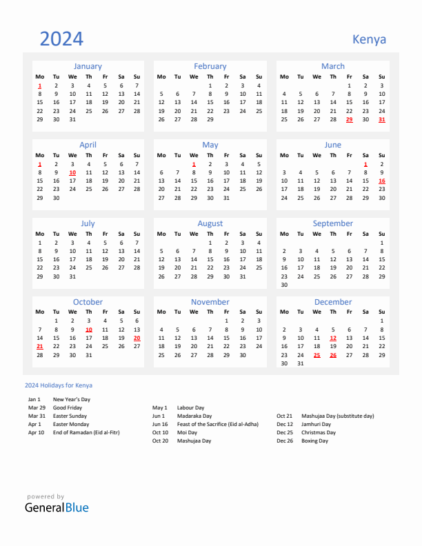 Basic Yearly Calendar with Holidays in Kenya for 2024