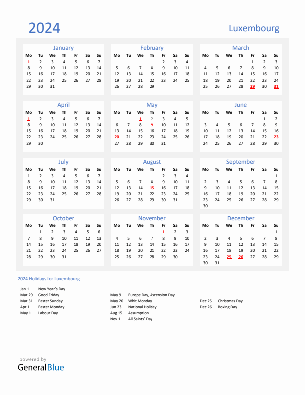 Basic Yearly Calendar with Holidays in Luxembourg for 2024