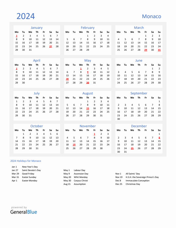 Basic Yearly Calendar with Holidays in Monaco for 2024