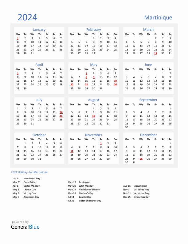 Basic Yearly Calendar with Holidays in Martinique for 2024