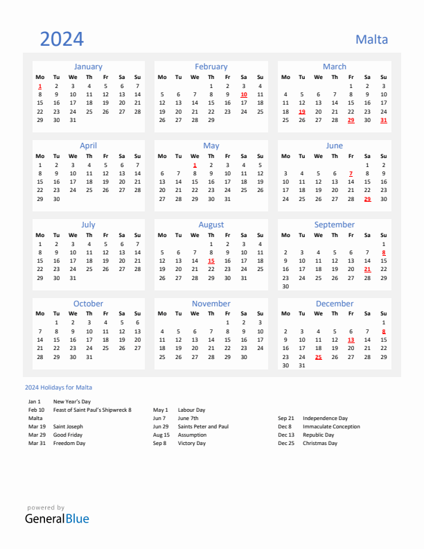 Basic Yearly Calendar with Holidays in Malta for 2024