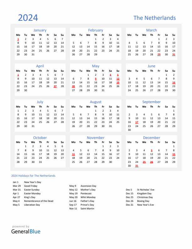 Basic Yearly Calendar with Holidays in The Netherlands for 2024