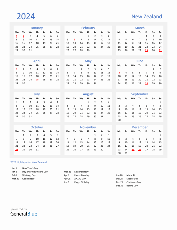 Basic Yearly Calendar with Holidays in New Zealand for 2024