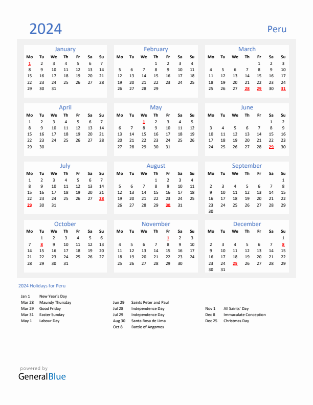 Basic Yearly Calendar with Holidays in Peru for 2024