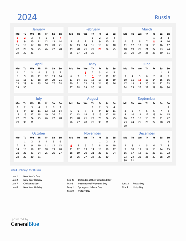 Basic Yearly Calendar with Holidays in Russia for 2024