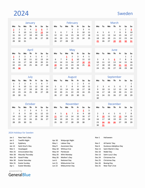Basic Yearly Calendar with Holidays in Sweden for 2024