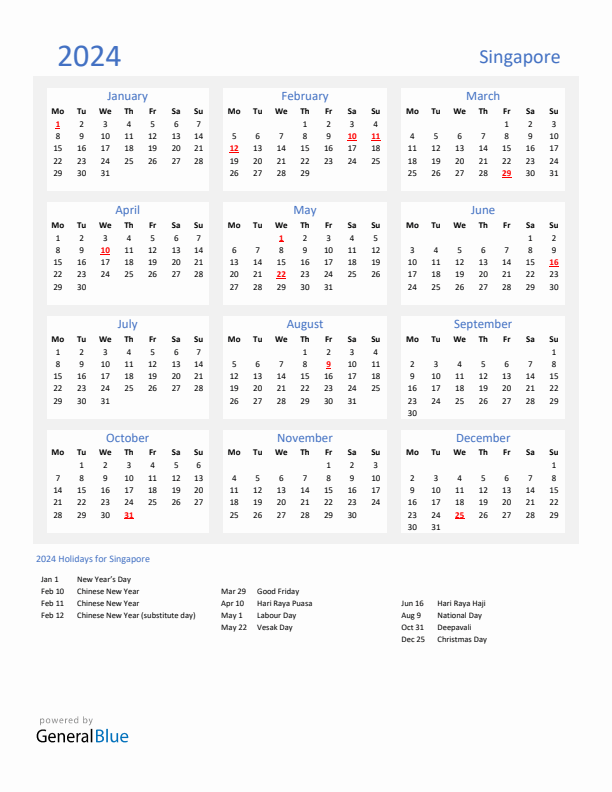 Basic Yearly Calendar with Holidays in Singapore for 2024