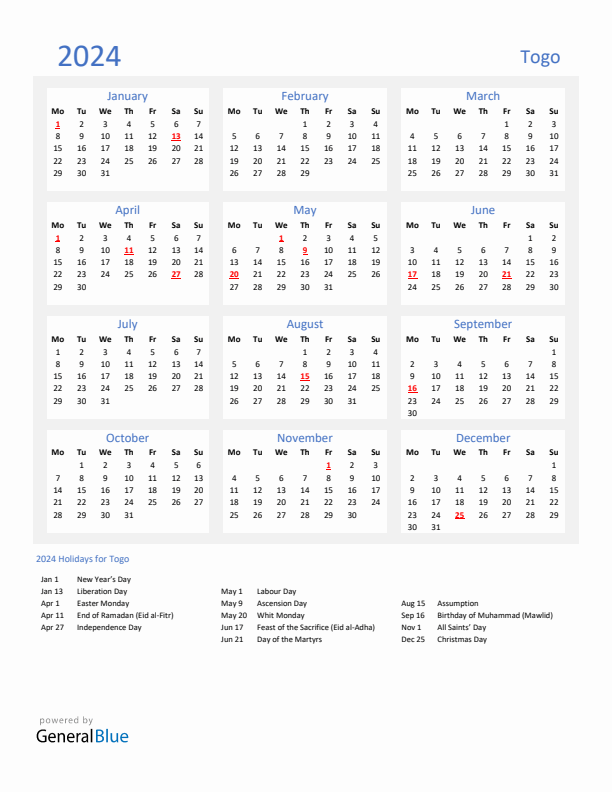 Basic Yearly Calendar with Holidays in Togo for 2024